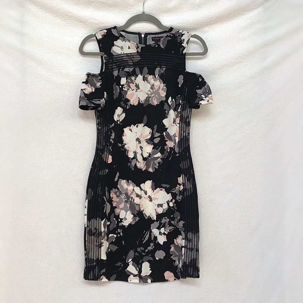 Women’s Black with Pink Floral Cold Shoulder Dress